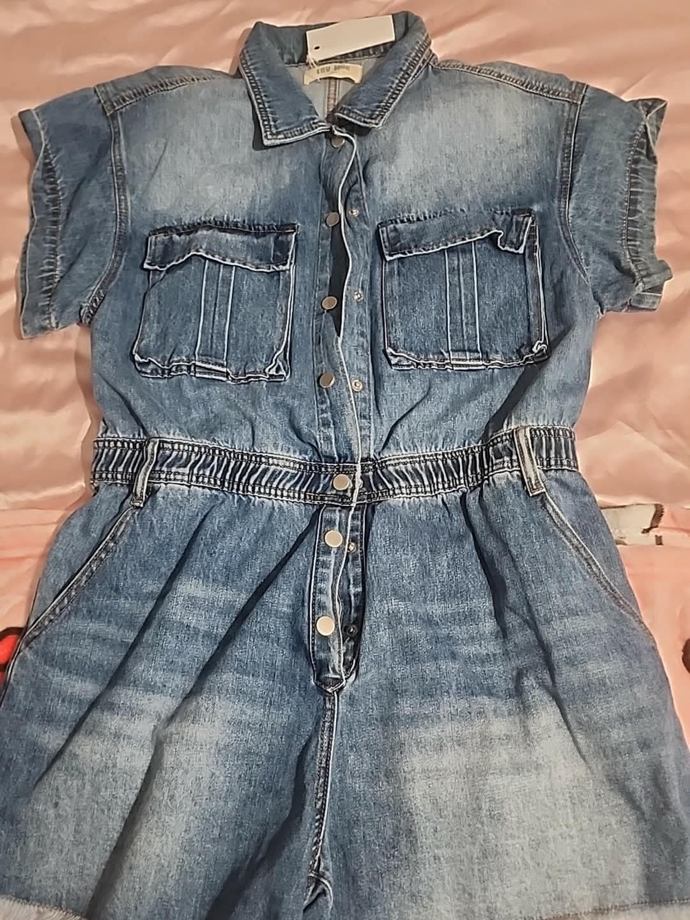 Women Denim Romper With Short Sleeves- Blue